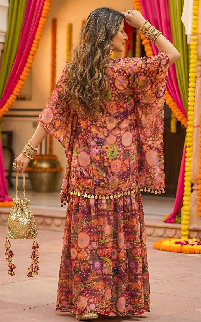 Purple kitschy print crop top and sharara set