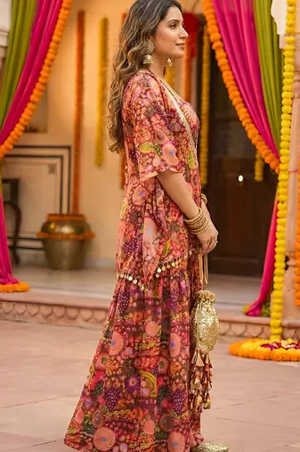 Purple kitschy print crop top and sharara set