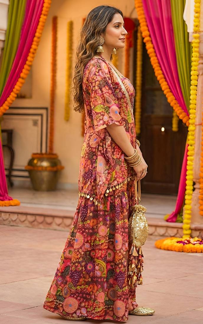 Purple kitschy print crop top and sharara set
