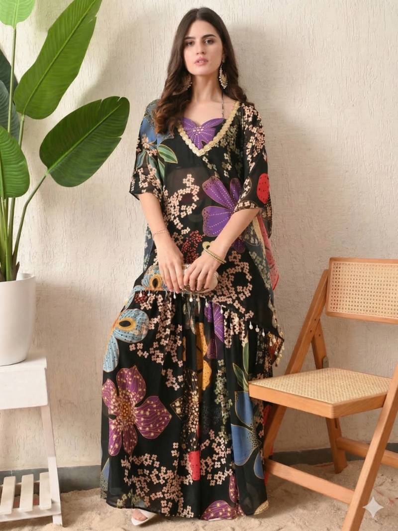 Straight fit kaftan top floral print georgette sharara pants in the matching print.