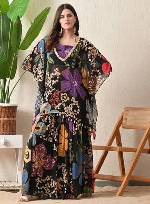 Straight fit kaftan top floral print georgette sharara pants in the matching print. 2