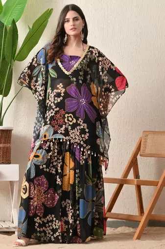Straight fit kaftan top floral print georgette sharara pants in the matching print.