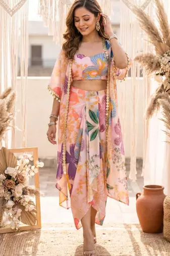 Vintage floral crop top draped skirt co-ord set