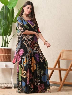 Straight fit kaftan top floral print georgette sharara pants in the matching print. 3