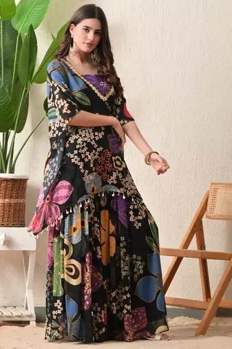 Straight fit kaftan top floral print georgette sharara pants in the matching print.