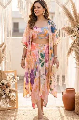 Vintage floral crop top draped skirt co-ord set