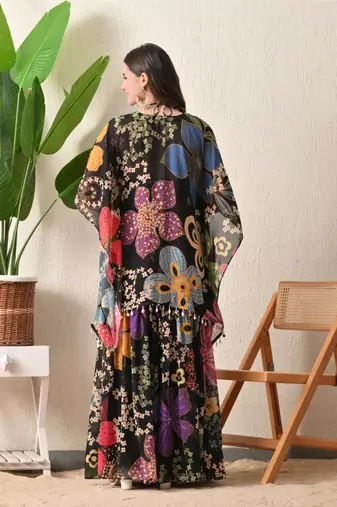 Straight fit kaftan top floral print georgette sharara pants in the matching print.