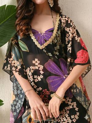 Straight fit kaftan top floral print georgette sharara pants in the matching print. 5