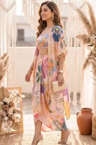 Vintage floral crop top draped skirt co-ord set