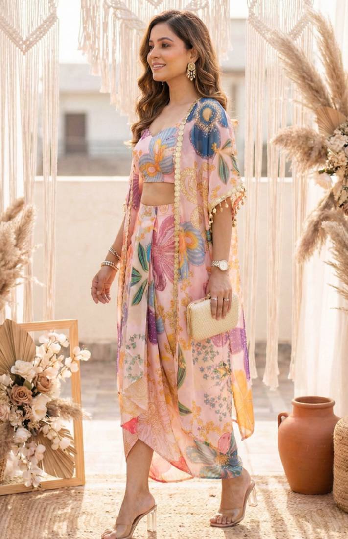 Vintage floral crop top draped skirt co-ord set