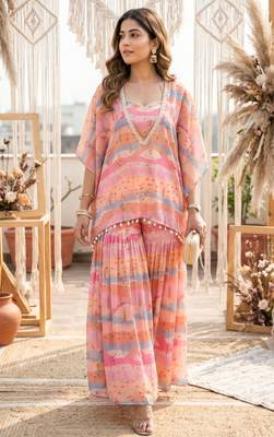 Graphic landscape kaftan crop-top sharara co-ord set 1