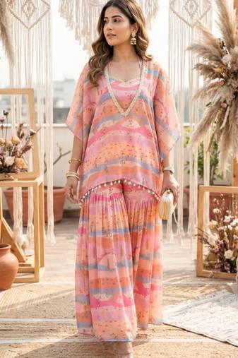 Graphic landscape kaftan crop-top sharara co-ord set