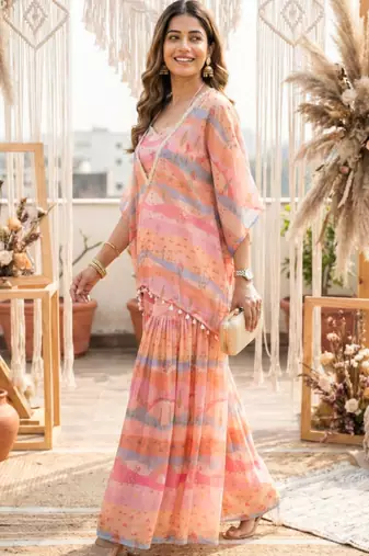 Graphic landscape kaftan crop-top sharara co-ord set