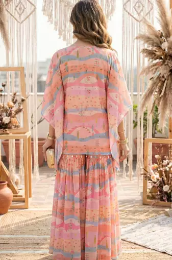 Graphic landscape kaftan crop-top sharara co-ord set