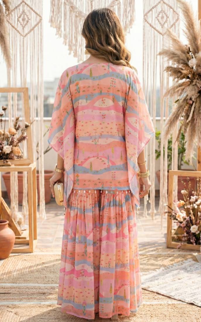 Graphic landscape kaftan crop-top sharara co-ord set