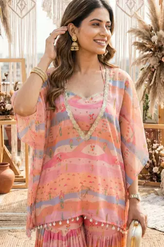 Graphic landscape kaftan crop-top sharara co-ord set