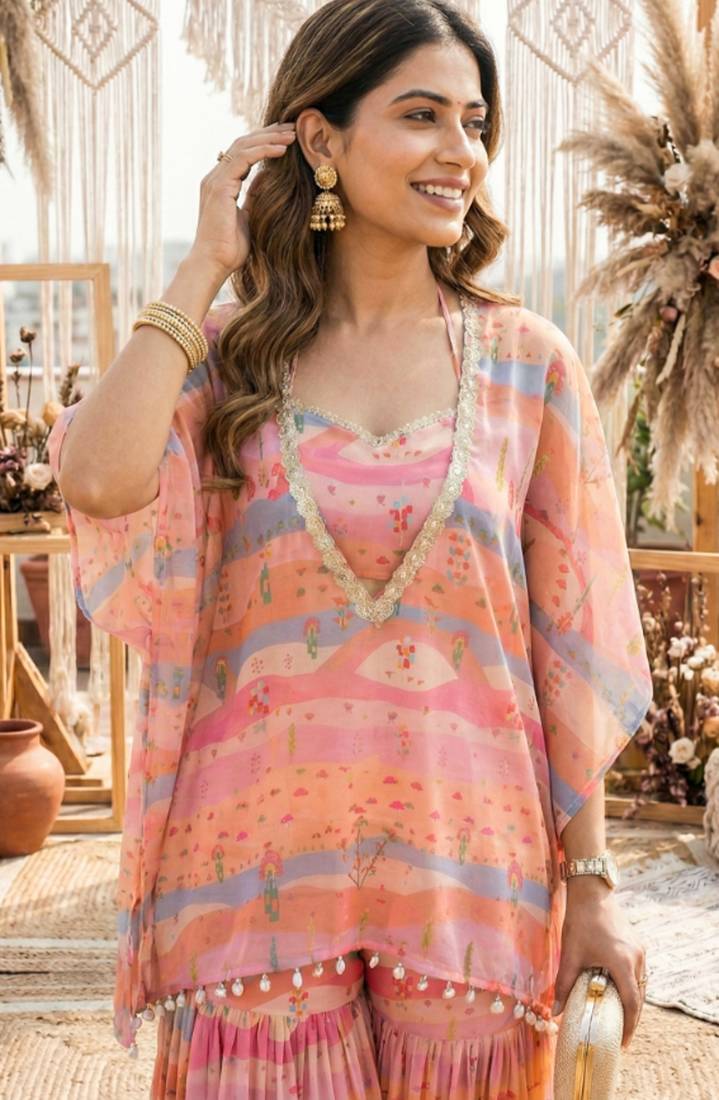 Graphic landscape kaftan crop-top sharara co-ord set