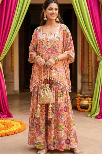 White kitschy print crop top and sharara set