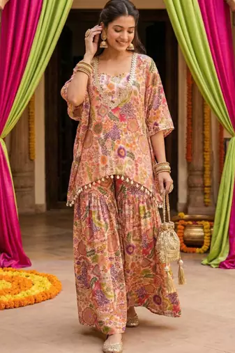 White kitschy print crop top and sharara set