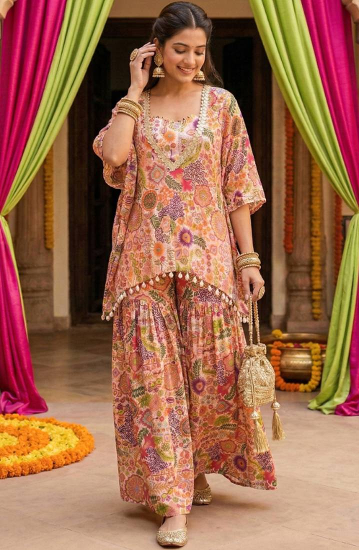 White kitschy print crop top and sharara set