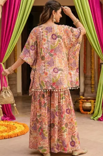 White kitschy print crop top and sharara set