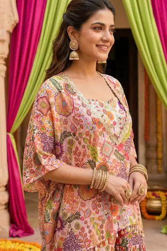 White kitschy print crop top and sharara set
