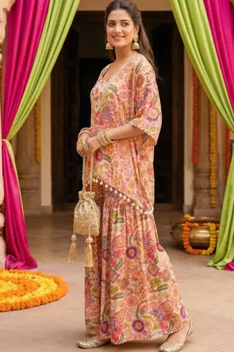 White kitschy print crop top and sharara set