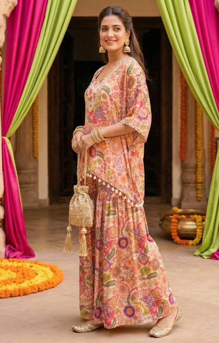 White kitschy print crop top and sharara set
