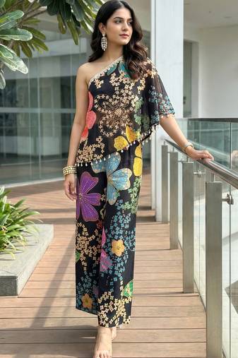 Black floral one-shoulder co-ord set