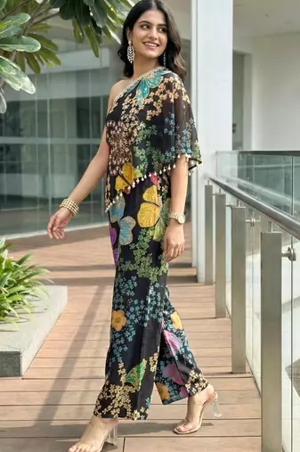Black floral one-shoulder co-ord set