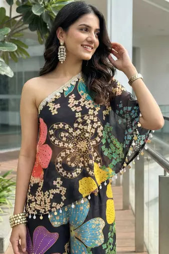 Black floral one-shoulder co-ord set
