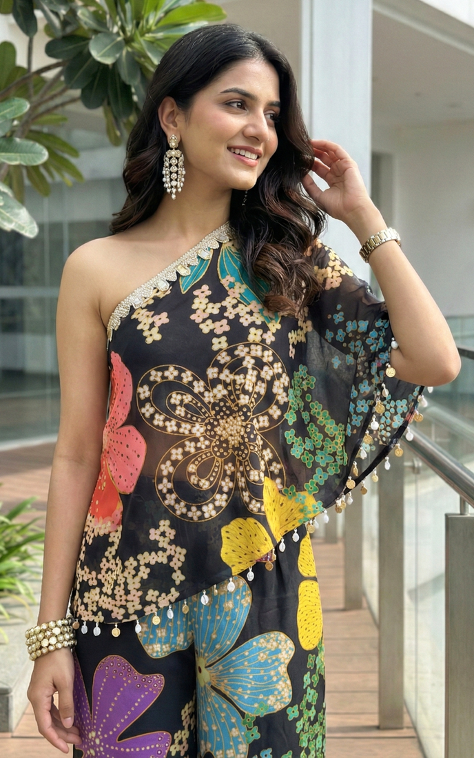 Black floral one-shoulder co-ord set