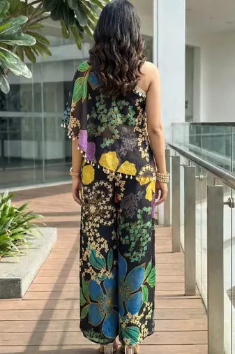 Black floral one-shoulder co-ord set