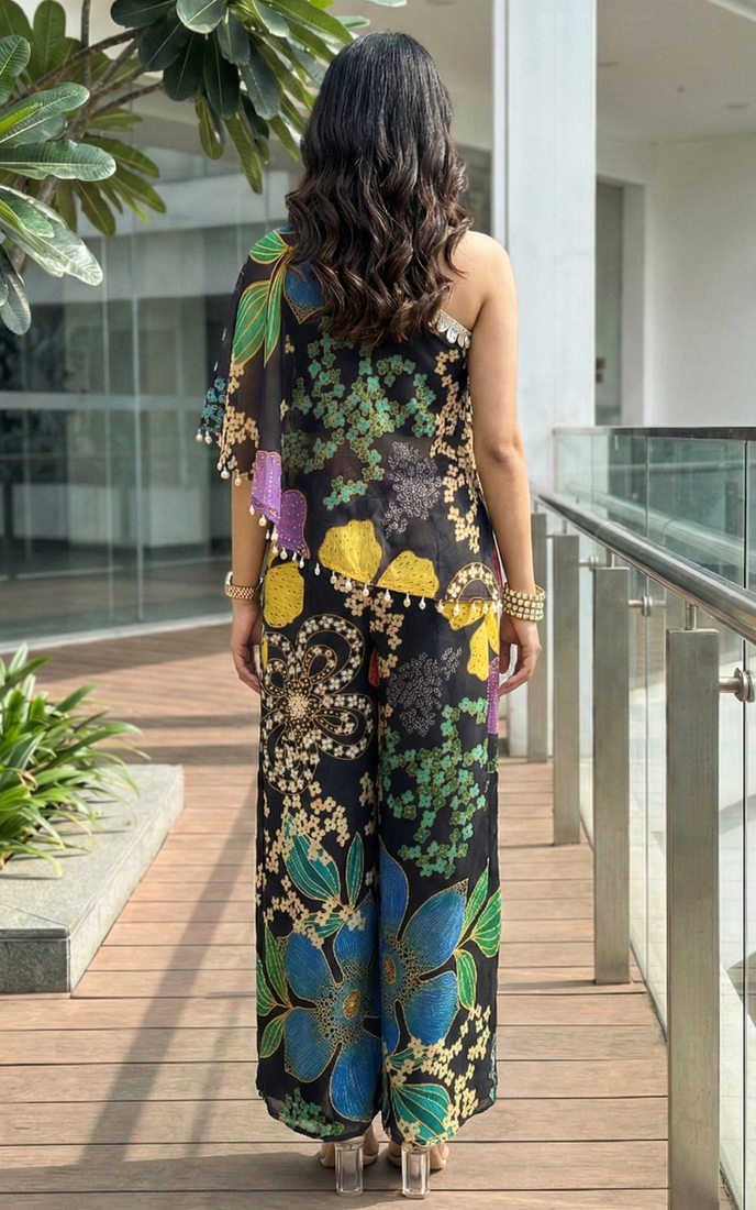 Black floral one-shoulder co-ord set