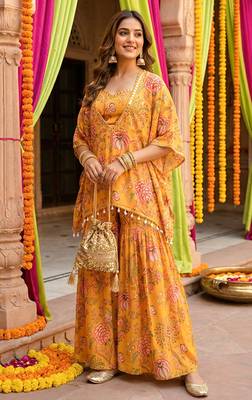Mustard floral printed crop top sharara kaftan set 1
