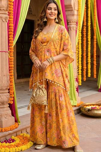 Mustard floral printed crop top sharara kaftan set