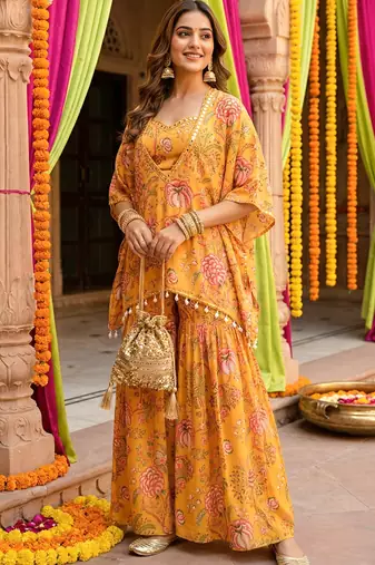 Mustard floral printed crop top sharara kaftan set
