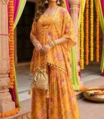 Mustard floral printed crop top sharara kaftan set