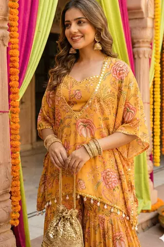 Mustard floral printed crop top sharara kaftan set