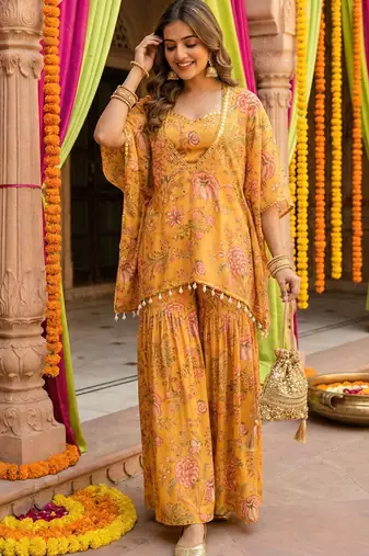 Mustard floral printed crop top sharara kaftan set
