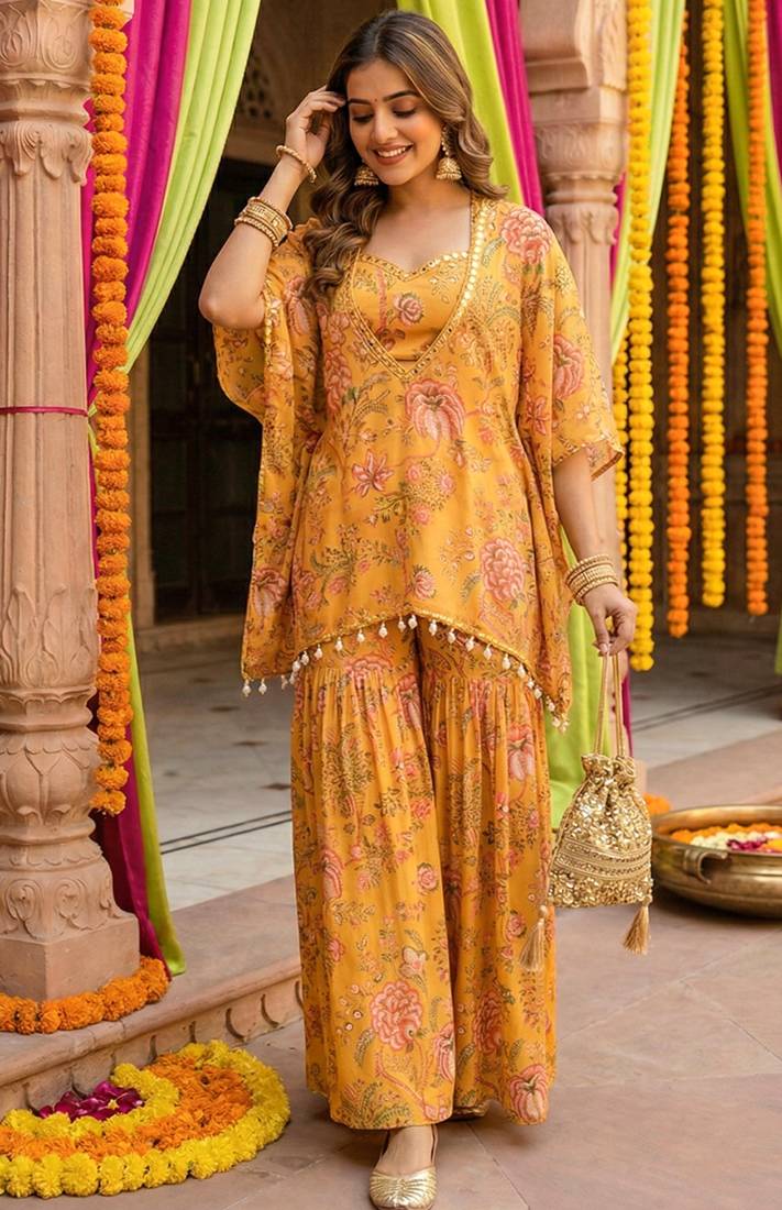 Mustard floral printed crop top sharara kaftan set