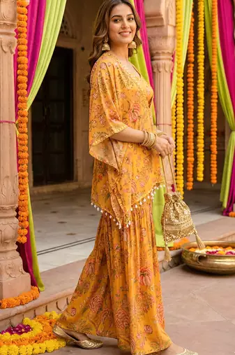 Mustard floral printed crop top sharara kaftan set
