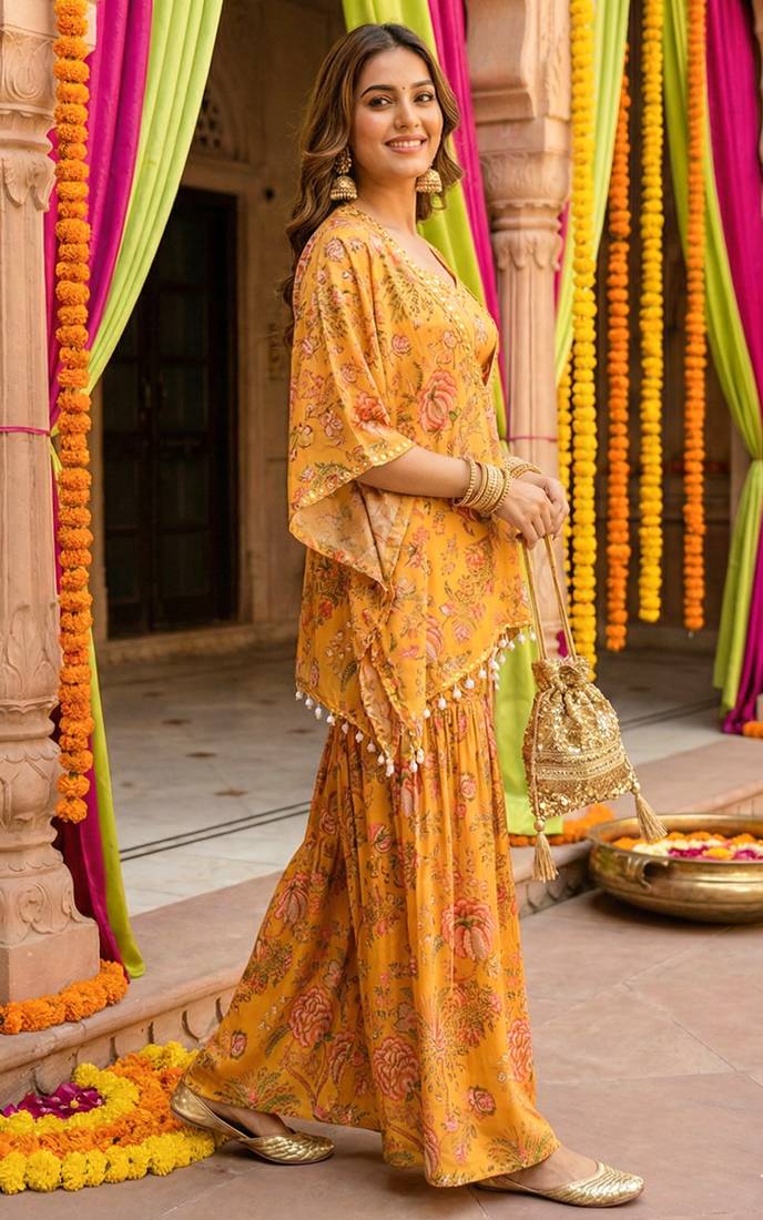 Mustard floral printed crop top sharara kaftan set