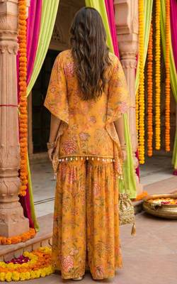 Mustard floral printed crop top sharara kaftan set 5
