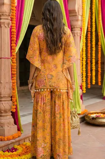 Mustard floral printed crop top sharara kaftan set