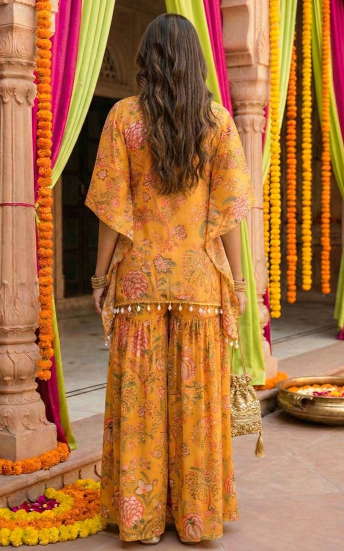 Mustard floral printed crop top sharara kaftan set