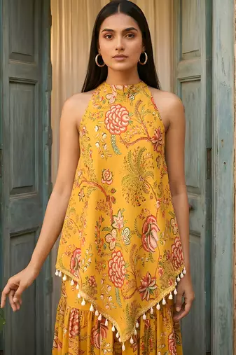 Mustard floral tunic & sharara co-ord set