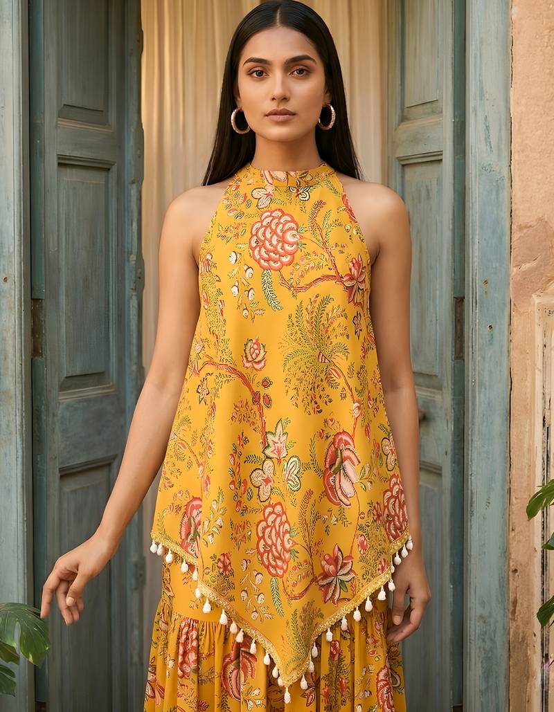 Mustard floral tunic & sharara co-ord set