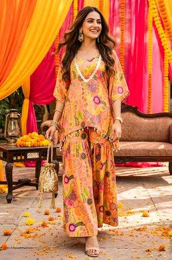 Yellow kitschy crop top sharara set
