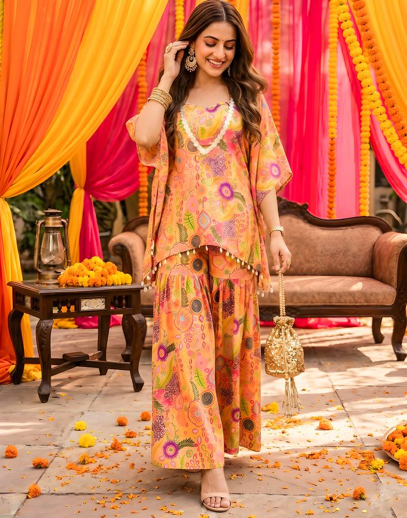 Yellow kitschy crop top sharara set